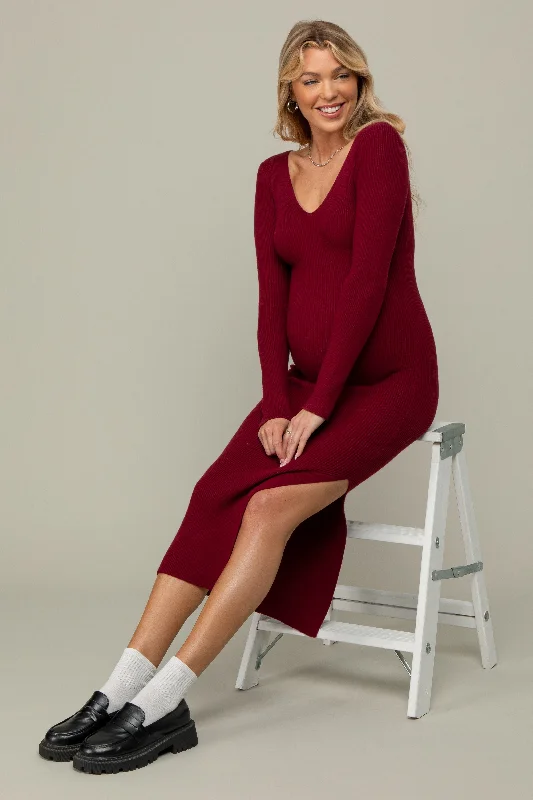 Feminine Flow Burgundy Ribbed Knit Side Slit Maternity Midi Dress