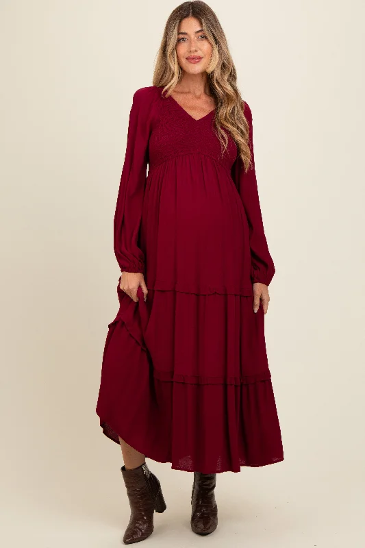 Vibrant Styles Burgundy Smocked Tiered Maternity Midi Dress