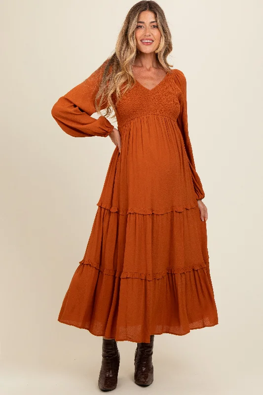 Exclusive Sale Camel Smocked Tiered Maternity Midi Dress