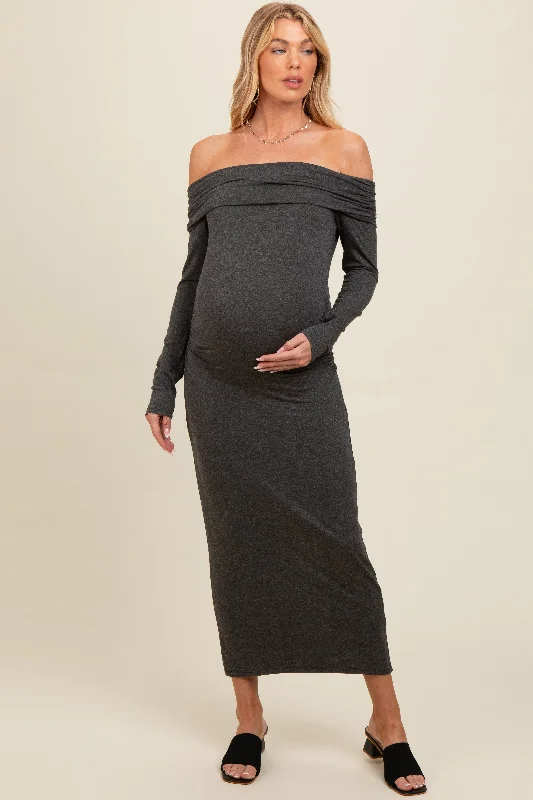 End Of Season Clearance Charcoal Foldover Off Shoulder Long Sleeve Maternity Midi Dress