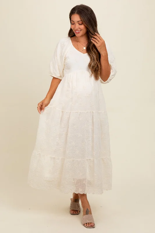 Summer Essentials Cream Floral Puff Sleeve Maternity Midi Dress