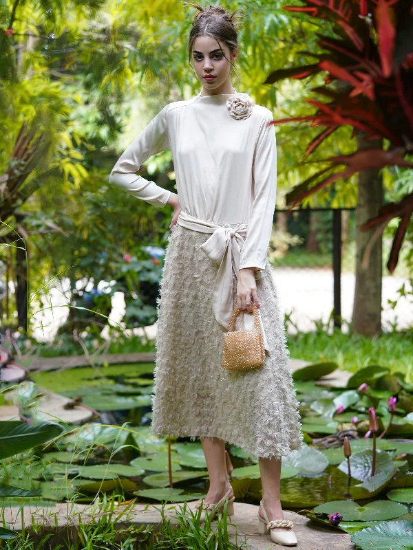 Daily Essentials Odette Women Cream Self Design Satin With Lace And Feather Drop Waist Stitched Dress Daily Essentials Odette Women Cream Self Design Satin With Lace And Feather Drop Waist Stitched Dress