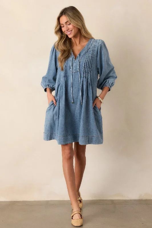 Trend Forward Threads Endless Possibilities Light Wash Denim Mini Dress