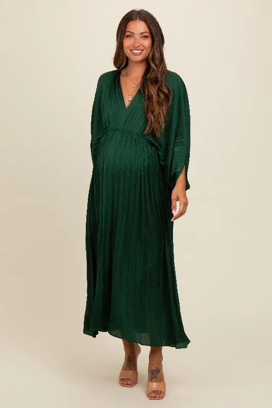Spring Fashion Forest Green Satin Pleated V-Neck Maternity Maxi Dress