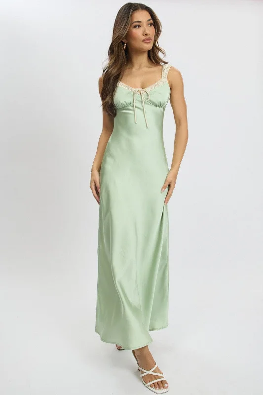 Trendy Street Style Green Midi Dress Elasticated Shoulder Strap Satin