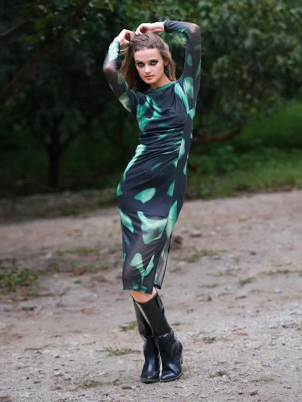 Exclusive Deals Online Odette Women Green Printed Net Lycra Stitched Dress