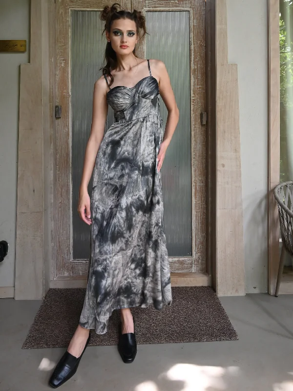 Wardrobe Update Odette Women Grey Satin Printed Partywear Stitched Dress With Spaghetti Straps Wardrobe Update Odette Women Grey Satin Printed Partywear Stitched Dress With Spaghetti Straps