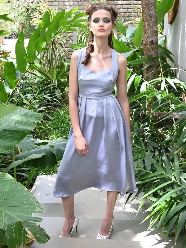 Inspired By You, Designed For You Odette Women Grey Satin Straps Belted Stitched Dress Partywear