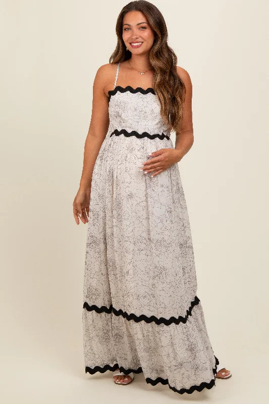 Elegant Styles Ivory Floral Contrast Trim Maternity Maxi Dress