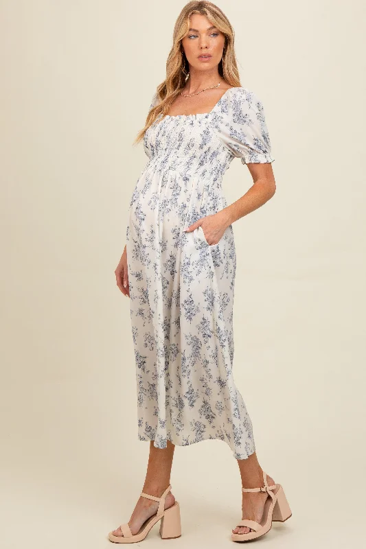 Premium Style Ivory Floral Smocked Sweetheart Neckline Maternity Midi Dress