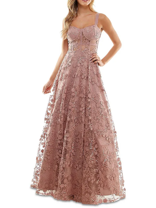 Sophisticated Cut Juniors Womens Embroidered Mesh Evening Dress
