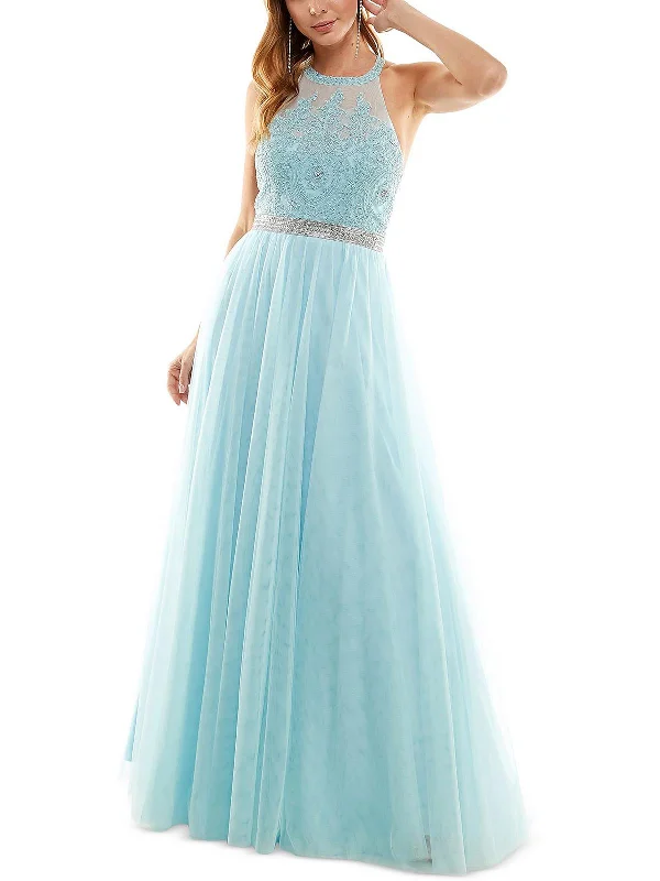 Contemporary Chic Juniors Womens Halter Embroidered Formal Dress