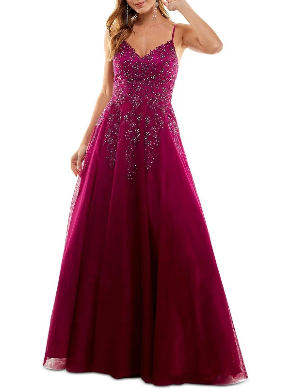 Dreamy Draping Juniors Womens Mesh Embellished Evening Dress