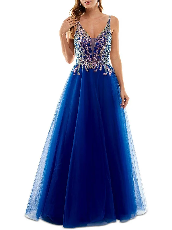 Modern Romance Juniors Womens Mesh Sequined Evening Dress