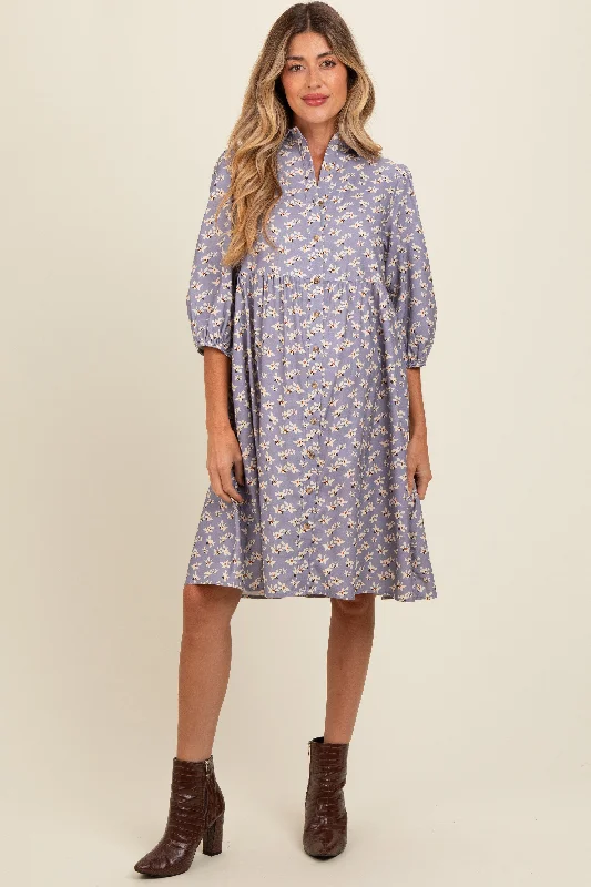 Chic & Cozy Collection Lavender Floral Button Front 3/4 Sleeve Maternity Dress