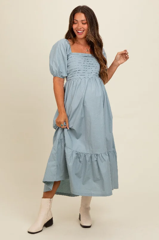 Budget Friendly Light Blue Pleated Bodice Puff Sleeve Maternity Midi Dress