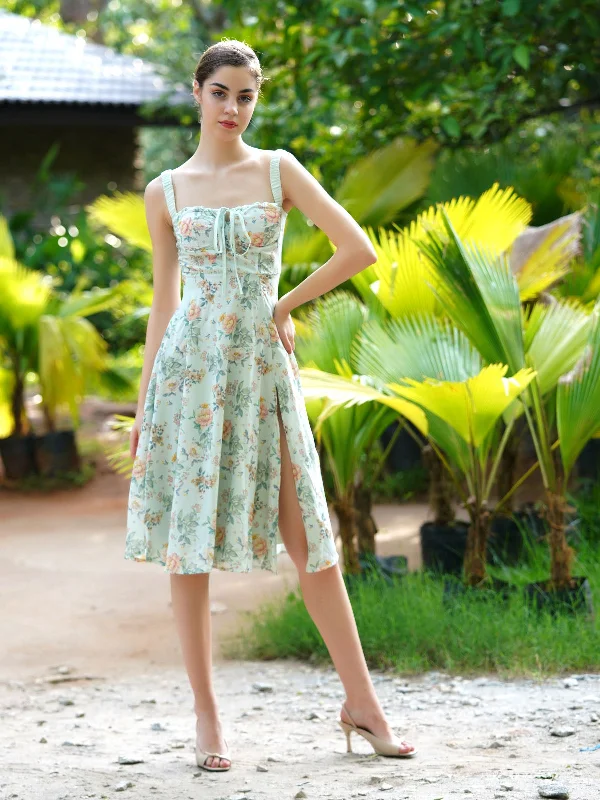 Refined Look Odette Women Light Green Printed Crepe Flared Stitched Dress