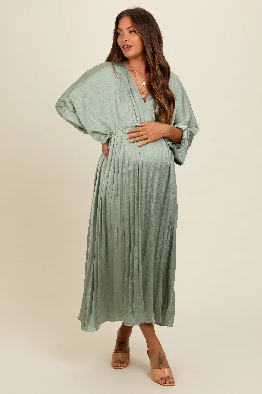 Effortless Style, Endless Impact Light Olive Satin Pleated V-Neck Maternity Maxi Dress Effortless Style, Endless Impact Light Olive Satin Pleated V-Neck Maternity Maxi Dress