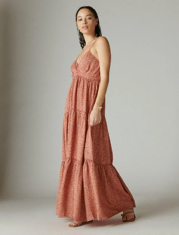 Charming Silhouette Lucky Brand Women's Paisley Tiered Maxi Dress