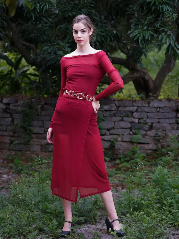End Of Season Sale Odette Women Maroon Polyester Gauze And Lycra Belted Long Stitched Dress With Slip End Of Season Sale Odette Women Maroon Polyester Gauze And Lycra Belted Long Stitched Dress With Slip