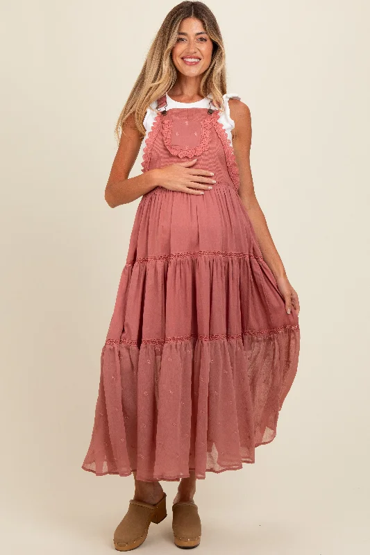 Vintage Charm Mauve Overall Crochet Lace Tiered Maternity Dress