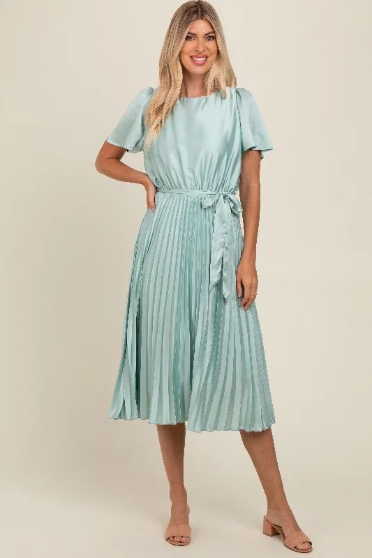 Trendy Women's Fashion Discover Now Mint Green Satin Pleated Sash Tie Midi Dress