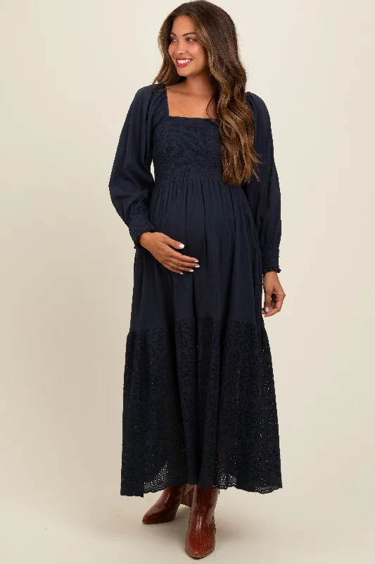 Style Upgrade Navy Blue Smocked Eyelet Lace Hem Maternity Maxi Dress