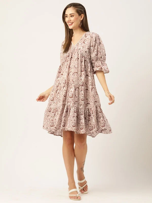 Massive Savings Odette Beige Cotton Printed Stitched Indo Western Dress For Women
