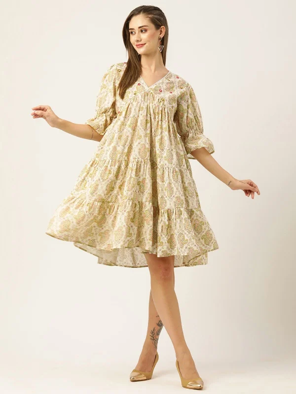 Stylish Spring Fashion Odette Beige Cotton Printed Stitched Indo Western Dress For Women Stylish Spring Fashion Odette Beige Cotton Printed Stitched Indo Western Dress For Women