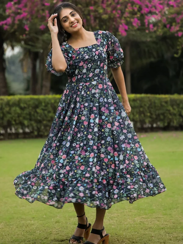 Flash Sales Odette Black Georgette Stitched Floral Printed Indo Western Dress For Women