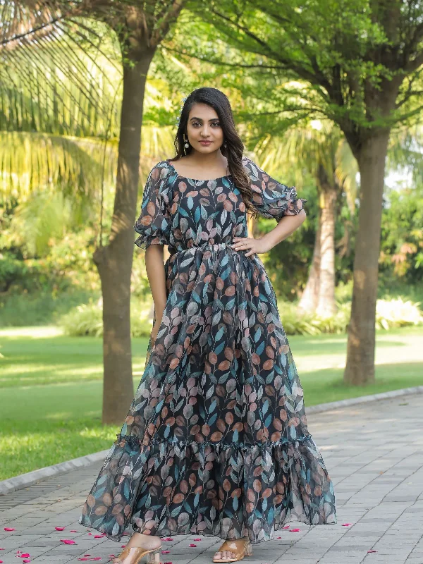 Comfort Centric Apparel Odette Black Georgette Stitched Printed Indo Western Dress For Women