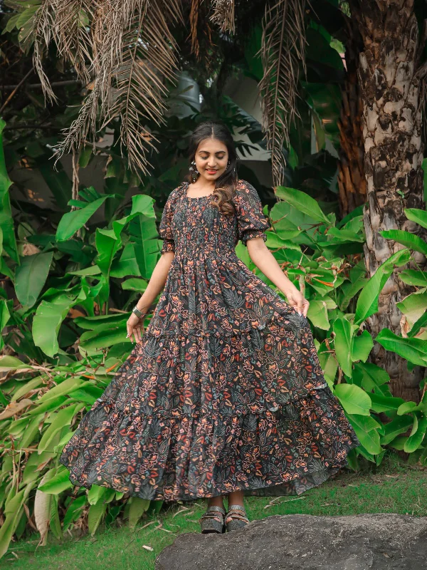 Your Timeless Wardrobe Awaits Odette Black Georgette Stitched Printed Indo Western Dress For Women