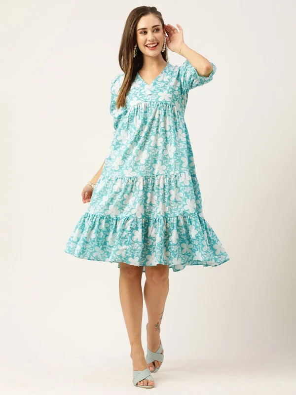 Style Without Limits Odette Blue Cotton Printed Stitched Indo Western Dress For Women Style Without Limits Odette Blue Cotton Printed Stitched Indo Western Dress For Women