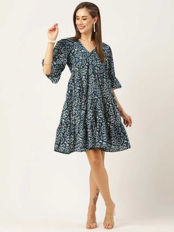 Discover Promotions Odette Blue Cotton Printed Stitched Indo Western Dress For Women Discover Promotions Odette Blue Cotton Printed Stitched Indo Western Dress For Women