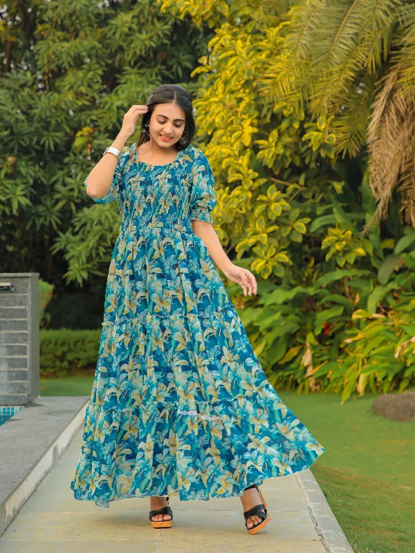 Discover Now Odette Blue Georgette Stitched Printed Indo Western Dress For Women