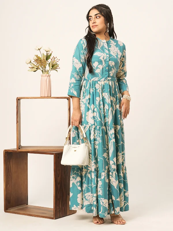 Feminine Elegant Odette Blue Muslin Printed Indo Western Dress For Women