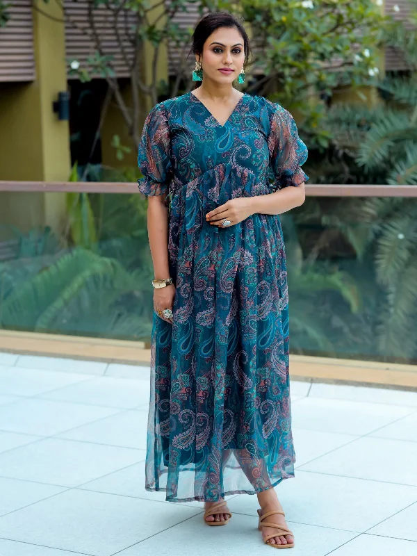 Trendy Styles Odette Blue Organza Printed Indo Western Dress For Women