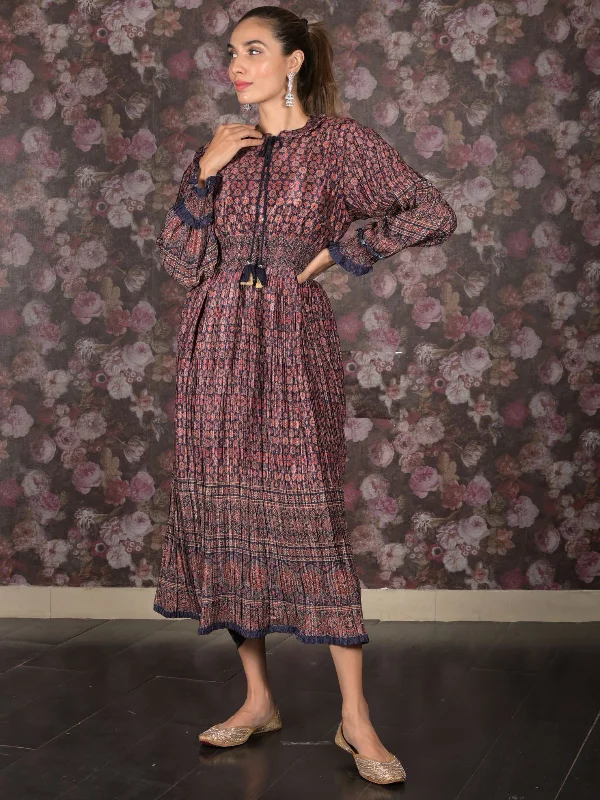Fashion Forward Femininity Odette Brown Crushed Chinon Printed Indo-Western Dress For Women Fashion Forward Femininity Odette Brown Crushed Chinon Printed Indo-Western Dress For Women