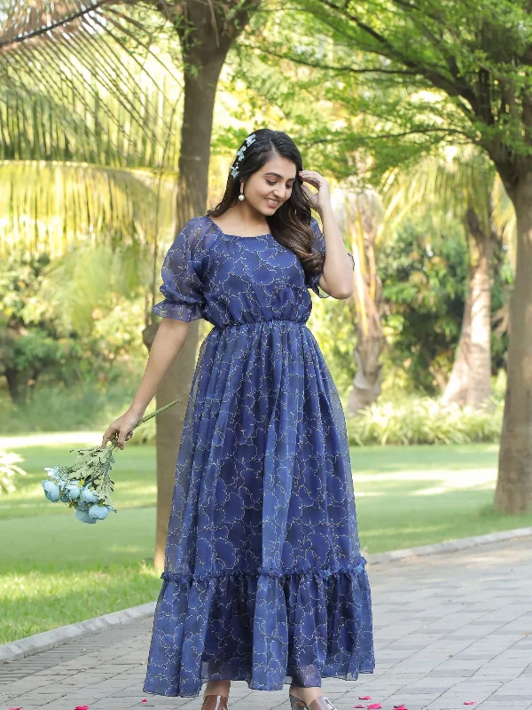 Premium Fashion Odette Dark Blue Georgette Stitched Printed Indo Western Dress For Women
