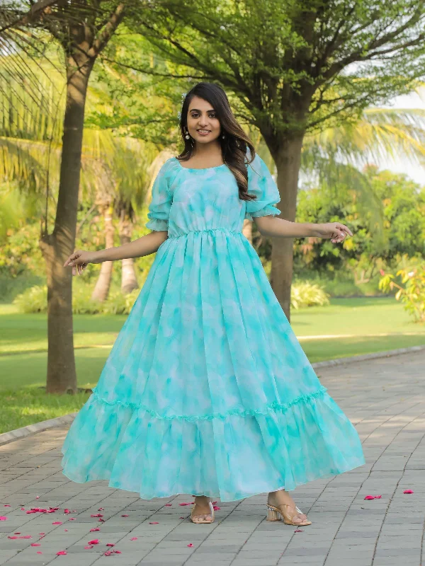 Feminine Flow Odette Light Blue Georgette Stitched Printed Indo Western Dress For Women