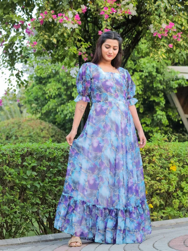 Vintage Look Odette Light Blue Georgette Stitched Printed Indo Western Dress For Women
