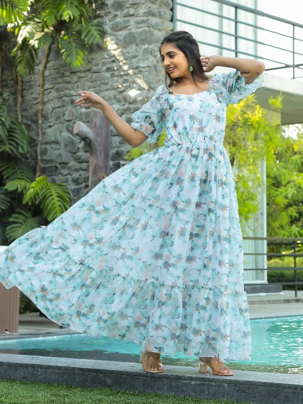 Style Upgrade Odette Light Blue Georgette Stitched Printed Indo Western Dress For Women