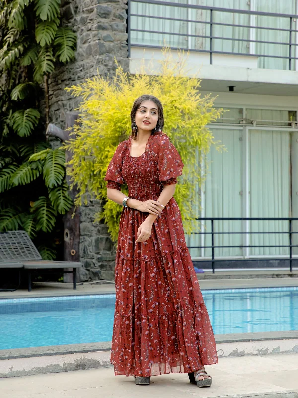 Seasonal Clearance Odette Maroon Georgette Stitched Printed Indo Western Dress For Women