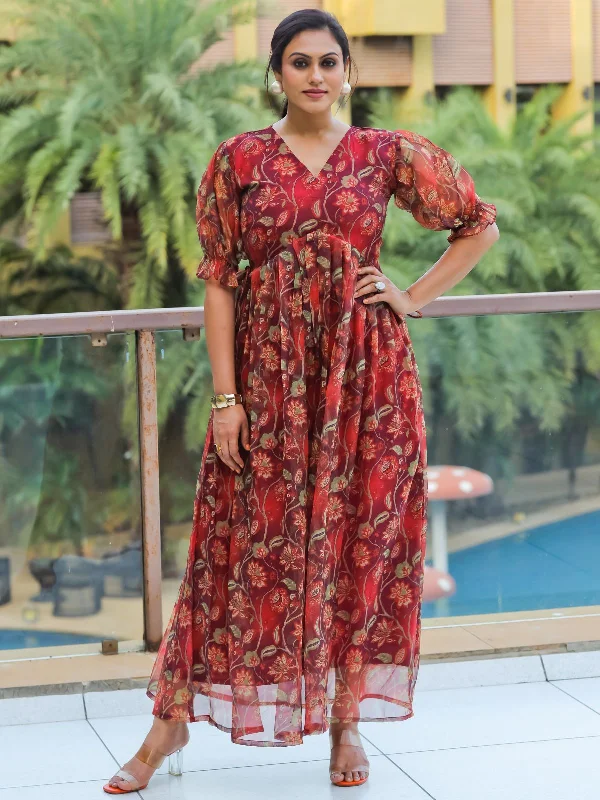 Latest Trends Odette Maroon Organza Printed Indo Western Dress For Women