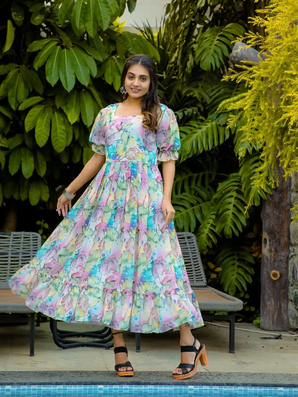 Exclusive Deals Online Odette Multicolor Georgette Stitched Printed Indo Western Dress For Women