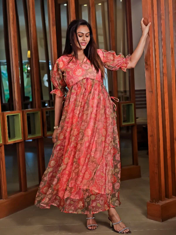 Cottagecore Rustic Charm Style Odette Orange Organza Printed Indo Western Dress For Women