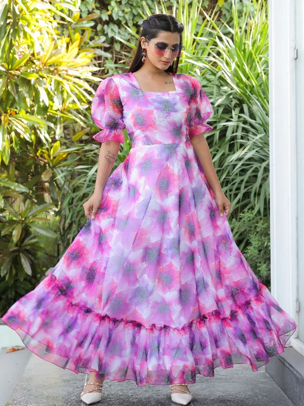 Dreamy Aesthetic Odette Pink Georgette Stitched Printed Indo Western Dress For Women