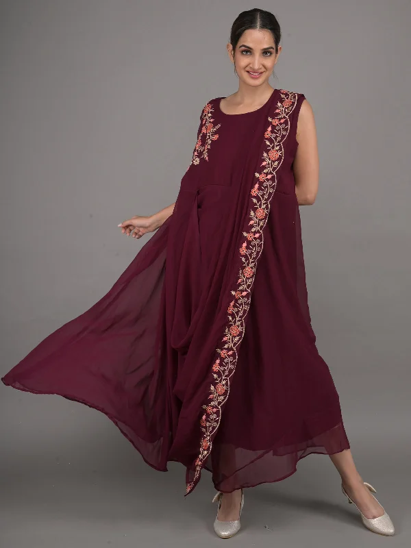 Polished Finish Odette Purple Crepe Embroidered Stitched Indo-Western Dress For Women