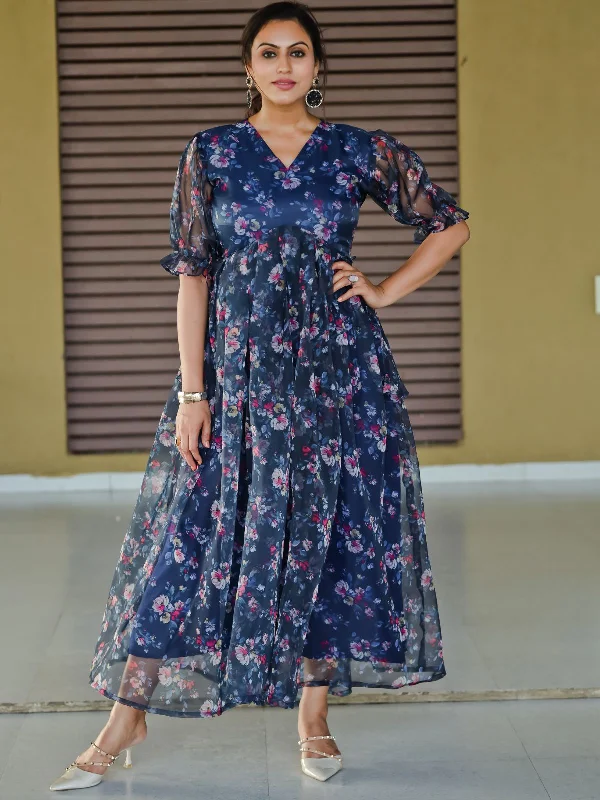 Limited Time Deal Odette Blue Organza Printed Indo Western Dress For Women
