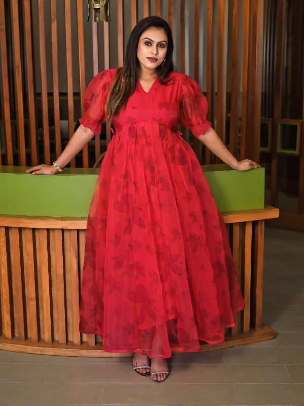 Clearance Event Odette Red Organza Printed Indo Western Dress For Women